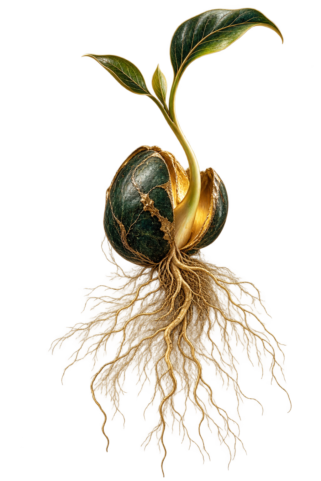 Semente germinando com raízes douradas